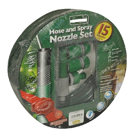 15 METRE GARDEN HOSE AND SPRAY NOZZLE SET THAT INCLUDES 3 ATTACHMENTS FOR SPRAYING AND DISPERSING WATER. THE PRODUCT IS INTENDED FOR USE IN THE GARDEN. THE HOSE PIPE IS 3 PLY POLYESTER RE-ENFORCED HOSE.