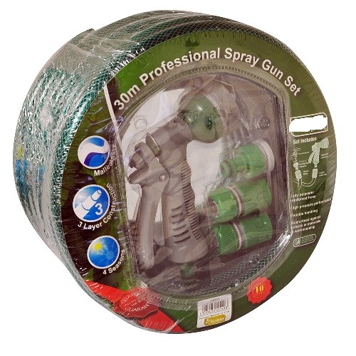 30 METRE ½ INCH DIAMETER BRAIDED REINFORCED 3 LAYER HOSE. THE PRODUCT IS SUPPLIED WITH A PLASTIC SPRAY GUN AND FITTINGS USED FOR DISPERSING AND SPRAYING LIQUIDS FOR AGRICULTURAL AND HORTICULTURAL PURPOSES. THE NOZZLE ALTERS THE RATE AND DELIVERY SPEED OF THE WATER AND ALTERS THE TYPE OF WATER JET, FROM JET TO MIST ETC. THE PRODUCT IS SHRINK WRAPPED WITH A FULL COLOUR LABEL.