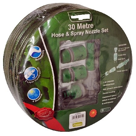30 METRE ½ INCH DIAMETER BRAIDED REINFORCED 3 LAYER HOSE. THE PRODUCT IS SUPPLIED WITH PLASTIC SPRAY NOZZLE AND FITTINGS USED FOR DISPERSING AND SPRAYING LIQUIDS FOR AGRICULTURAL AND HORTICULTURAL PURPOSES. THE NOZZLE ALTERS THE RATE AND DELIVERY SPEED OF THE WATER AND ALTERS THE TYPE OF WATER JET, FROM JET TO MIST ETC. THE PRODUCT IS SHRINK WRAPPED WITH FULL COLOUR LABEL.