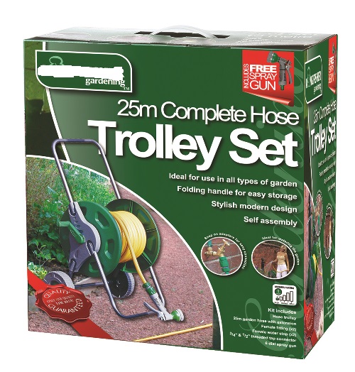 A HOSE TROLLEY COMPLETE WITH A 25 METRE REINFORCED GARDEN HOSEPIPE. HOSE ATTACHMENTS (FEMALE FITTING (X2), FEMALE WATER STOP (X2), ½" AND ¾" THREADED TAP CONNECTOR) AND A SIX DIAL SPRAY GUN. THE NOZZLE CAN ALTER THE RATE AND DELIVERY SPEED OF THE WATER AND ALTER THE TYPE OF WATER JET, FROM JET TO MIST ETC. THE PRODUCT IS INTENDED FOR SPRAYING AND DISPERSING WATER.