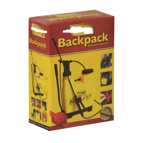12 LITRE BACKPACK SPRAYER COMPLETE WITH SPRAY LANCE WITH LOCKING TRIGGER FOR CONTINUOUS SPRAYING, CARRY HANDLE AND ADJUSTABLE QUICK-RELEASE HARNESS. THE PRODUCT IS MADE OF YELLOW COLOURED PLASTIC. DOUBLE CAPACITY BLACK PLASTIC HAND OPERATED PLUNGER PUMP, ADJUSTABLE FLOW RATE AND SPRAY NOZZLE. PACKED IN A FULL COLOUR CARDBOARD BOX FOR RETAIL SALE.