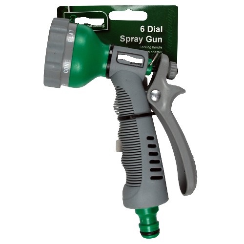 SPRAY GUN WITH 6 DIAL SETTINGS. WITH SOFT GRIP LOCKING HANDLE AND SNAP ACTION ADAPTOR. THE SPRAY GUN IS ABS PLASTIC, FROST RESISTANT AND SHATTERPROOF. WITH 6 DIAL ACTION JET, MIST, SOAKER, CONE, FLAT AND SHOWER. PACKED FOR RETAIL SALE WITH FULL COLOUR HEADER CARD.