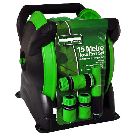 15M COMPACT HOSE, HOSE REEL AND SPRAY NOZZLE SET. READY ASSEMBLED WITH FITTINGS. INCLUDES 15M OF HOSE, A FULLY VARIABLE SPRAY NOZZLE (THAT ALLOWS FOR THE WATER FLOW TO BE ALTERED FROM JET TO SOAKER AND SPRAY, AND DOWN TO FINE SPRAY), WATER STOP CONNECTOR, TWO HOSE CONNECTORS AND TAP ADAPTOR. PACKED WITH FULL COLOUR GLOSS DISPLAY CARD. THE HOSE IS 3 PLY POLYESTER RE-ENFORCED.