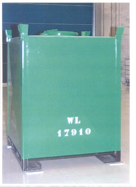 A SPECIALIST BOX SHAPED CONTAINER FOR THE TRANSPORT AND STORAGE OF SOLID URANIUM OXIDE. 
IT IS CONSTRUCTED OF STEEL AND HAS A CAPACITY OF 3000 LITRES. 
IT COMPLIES WITH THE INTERNATIONAL ATOMIC ENERGY AUTHORITY (IAEA) SAFETY STANDARDS SERIES FOR THE SAFE TRANSPORT OF NUCLEAR MATERIALS (STI/PUB/1225). 
CONTAINERS OF THIS TYPE ARE REQUIRED FOR THE DOOR-TO-DOOR CARRIAGE OF URANIUM OXIDE, WITH NO INTERMEDIATE REPACKING PERMITTED DUE TO THE NATURE OF THE MATERIALS THAT THE CONTAINER HOLDS.
IT INCORPORATES A NUMBER OF FEATURES SPECIFICALLY DESIGNED TO ALLOW TRANSPORT BY SEVERAL MODES OF TRANSPORT INCLUDING TRUCK, RAIL OR SHIP. 
THE CONTAINER FEATURES ARE DESIGNED TO FACILITATE HANDLING BY FORKLIFT TRUCK, ELEVATING PLATFORM, AND OTHER MOBILE EQUIPMENT WITH A LIFT BEAM. ON THE UNDERSIDE, A PAIR OF FORK SKIDS ARE SPECIFICALLY INCORPORATED INTO THE CONSTRUCTION TO ALLOW THE CONTAINER TO BE MOVED SAFELY BY FORKLIFT TRUCK WHILE ON THE TOP SIDE THE CONTAINERS HAVE LIFTING LUGS TO FACILITATE HANDLING BY CRANES. 
BEING OF A ROBUST STEEL CONSTRUCTION IT IS INTENDED FOR REPEATED USE ON MULTIPLE MODES OF TRANSPORT, INCLUDING ROAD, RAIL OR SEA.