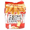 KONJAC BROWN RICE ROLL CONTAINING BROWN RICE, PALM OIL, MALTODEXTRIN, RICE, CORN, SUGAR, MILK POWDER, SOY SAUCE POWDER, KONJAC JELLY POWDER AND FLAVOURING. IT HAS THE APPEARANCE OF YELLOW-ORANGE RICE ROLL WITH AN AROMATIC MILK FLAVOUR. THE RICE AND CORN HAVE BEEN ROASTED, AND THE PRODUCT HAS A CRUNCHY TEXTURE. INDIVIDUALLY WRAPPED, WITH 16 PER PACK