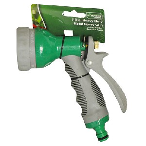 HEAVY DUTY SPRAY GUN WITH 7 SETTINGS. JET, FULL MIST, PART MIST, FLAT, CENTRE, JET SHOWER, AND CONE SPRAY OPTIONS. SPECIALLY DESIGNED FOR COMFORT GRIP AND PROFESSIONAL USE IN BOTH THE DOMESTIC GARDEN AND FOR HORTICULTURAL PURPOSES. THIS PRODUCT HAS A MECHANISM TO CHANGE THE FLOW OF DISPERSAL. PACKAGED FOR RETAIL SALE ON A FULL COLOUR HEADER CARD.