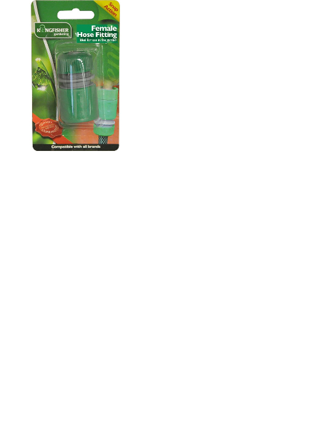 SNAP ACTION HOSE FITTING OF PLASTIC. CONNECTS TO A HOSEPIPE. PACKED ON A CARD BACKING. PUT UP FOR RETAIL SALE