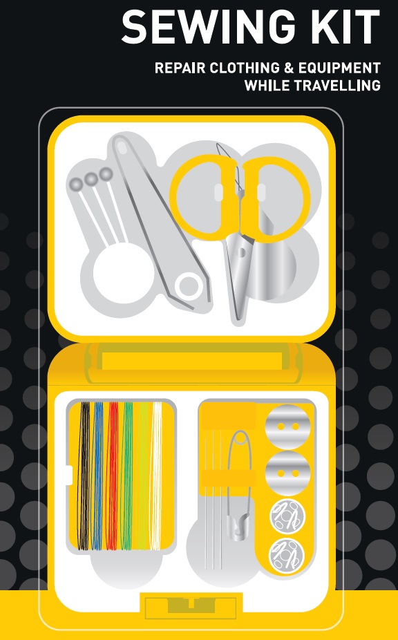 A COMPACT SEWING KIT WITH PINS, TWEEZERS, SCISSORS, NEEDLE THREADER, THREAD, NEEDLES, SAFETY PIN, BUTTONS, AND FASTENERS. IN A CONTAINER MEASURING 7 X 6.5 CMS.