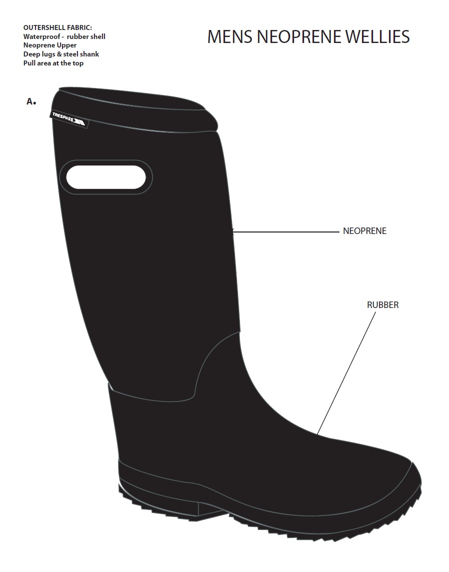 WATERPROOF WELLINGTON BOOTS, COVERING THE ANKLE, BUT NOT THE KNEE. THEY HAVE A RUBBER AND NEOPRENE UPPER, AND OUTER SOLES OF ETHYL VINYL ACETATE (EVA). THEY HAVE A PULL HANDLE NEAR THE TOP.  BLACK IN COLOUR.