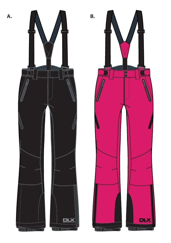 LADIES WOVEN TROUSERS OF 100% POLYESTER. THEY HAVE KICK PANELS, ADJUSTABLE DETACHABLE BRACES, AN ADJUSTABLE WAIST, ANKLE GAITERS, ANKLE ZIPS, ARTICULATED KNEE DARTS, THREE ZIP POCKETS, AND SIDE LEG VENTILATION WITH ZIPS.
