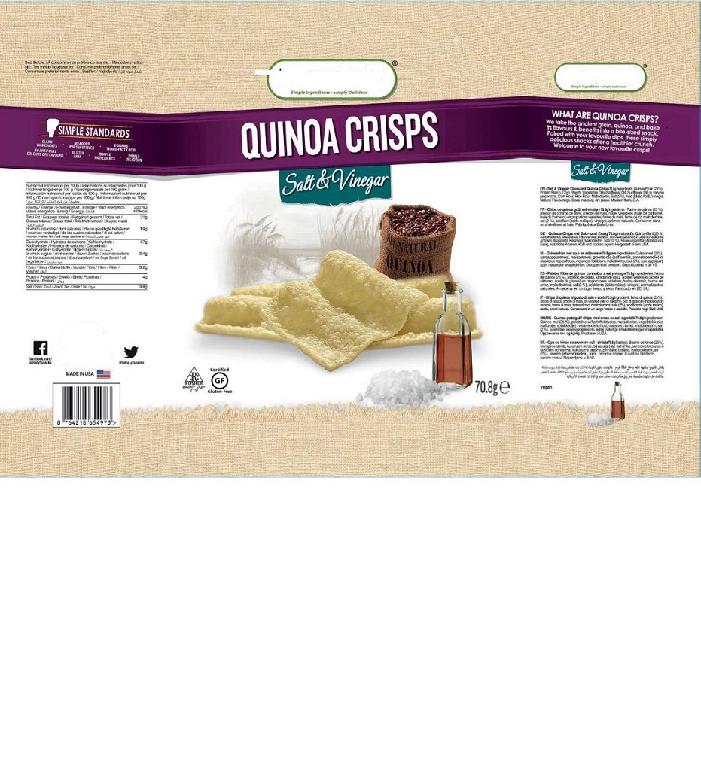 QUINOA SALT AND VINEGAR FLAVOURED CRISPS, WHICH HAVE BEEN BAKED AND FLASH FRIED. THEY CONTAIN QUINOA FLOUR, POTATO STARCH, CORN STARCH, SUNFLOWER/SAFFLOWER OIL, CORN FLOUR, RICE FLOUR, MALTODEXTRIN, SALT, MALIC ACID, VINEGAR AND NATURAL FLAVOUR