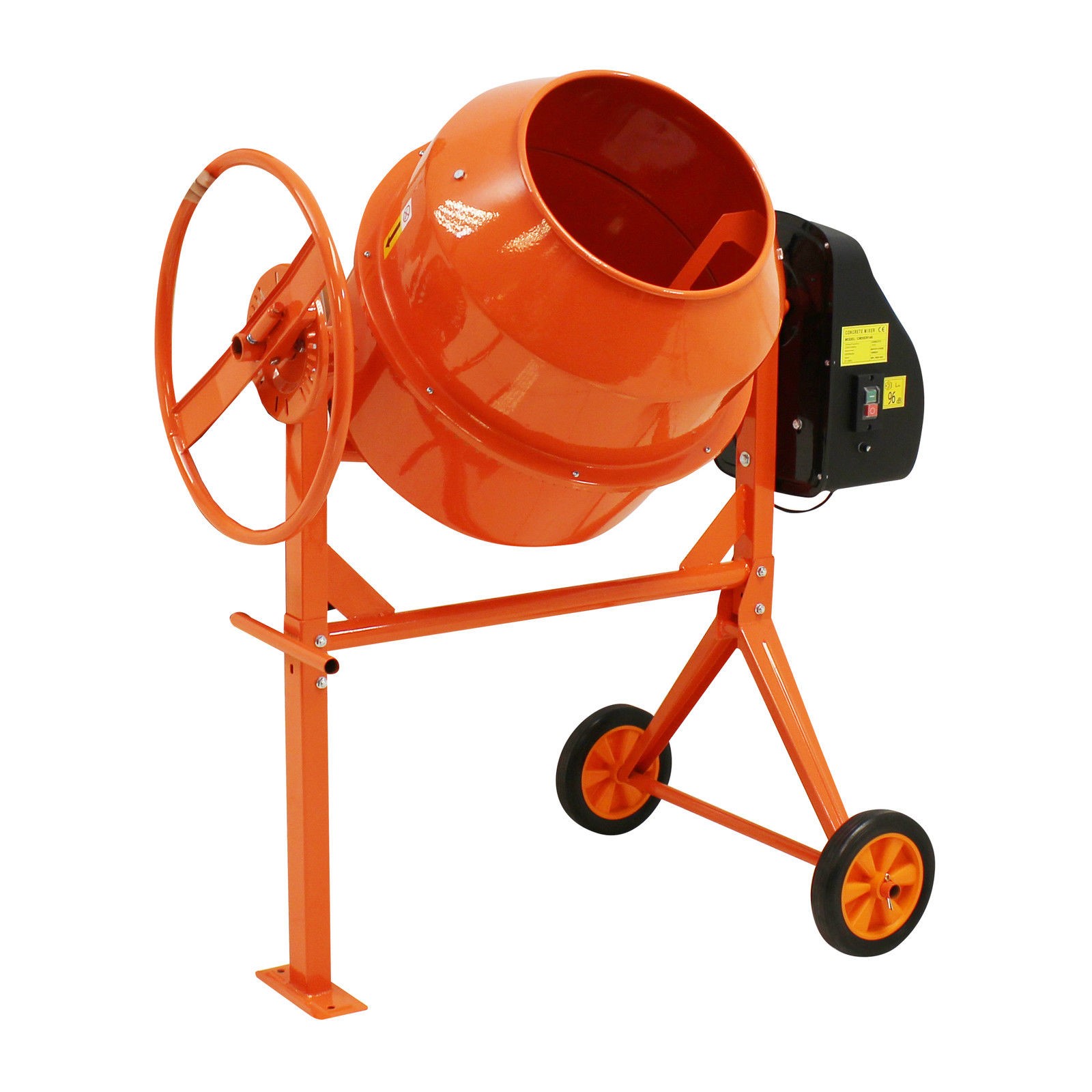 A CONCRETE CEMENT MIXER WITH WHEELS AND STAND, MADE OF STEEL, SPRAY PAINTED ORANGE, DRUM CAPACITY (CUBIC FEET): 5(140L), MOTOR (HP): 0.5, BATCH OUTPUT (IBS): 275, BATCH CAPACITY BAGS 1. DRUM DIAMETER (IN): 24. DISCHARGE OUTLET HEIGHT (IN): 8. WHEEL SIZE (IN): 10 X 2.75. ACCEPTABLE VOLTAGE:220-240V / 50HZ. WHEEL BARROW TYPE MULTIMIXER.