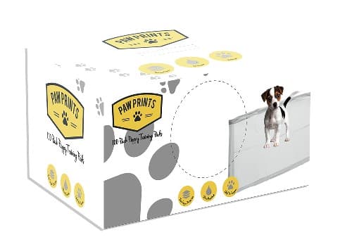 100 PACK PUPPY PADS DESIGNED TO SOAK UP URINE DURING PUPPY HOUSE TRAINING. THE PRODUCT IS PACKED IN A FULL COLOUR BOX WITH CARRY HANDLE AND EASY DISPENSE REUSABLE LID. EACH PAD MEASURES 60CM X 40CM AND CONSISTS OF A MULTI-LAYER ABSORBENT CORE CONSTRUCTION WITH PLASTIC BACKING. THE PAD HAS A NONWOVEN FABRIC TOP SHEET, 3 ABSORBENT LAYERS CONSISTING OF WOOD PULP (40%) SANDWICHED BETWEEN 2 LAYERS OF TOILET TISSUE (9%). AT ITS CORE IS A POLYETHYLENE FILM BACK SHEET.
