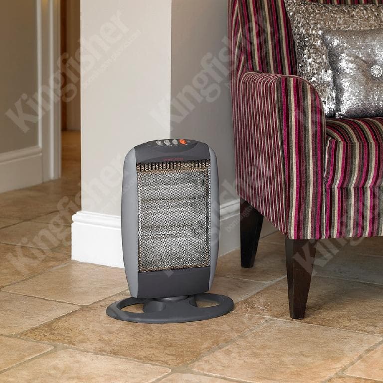 ELECTRIC ROOM HEATER. A THREE HALOGEN BULB 1200W OSCILLATING HALOGEN HEATER. FEATURES 3 HEAT SETTINGS, OSCILLATING FUNCTION, TIP OVER SAFETY SWITCH AND MESH GUARD. FITTED WITH 1.4M CABLE AND BS APPROVED PLUG. 220-240V50/60HZ. PACKED IN A FULL COLOUR CARTON.