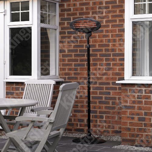 FREESTANDING ELECTRIC QUARTZ PATIO HEATER wWITH A CHOICE OF THREE HEAT SETTINGS: 650W, 1350W AND 2000W WITH A 45 DEGREE TILTING UP-DOWN HEATING ELEMENT. IT IS FITTED ONTO A STABLE HEAVY 50CM DIAMETER METAL (STEEL) BASE WITH ADJUSTABLE HEIGHT RANGING FROM 1.7 - 2.1M. FEATURES 3 QUARTZ HEATING ELEMENTS, SAFETY OVER-HEAT PROTECTION AND ANTI-TILT SWITCH. CAN ALSO BE MOUNTED ONTO AN OUTSIDE WALL. WATERPROOF RATING: IPX4. FITTED WITH 2M CABLE AND BS APPROVED PLUG. 220-240V50/60HZ. PACKAGED FOR RETAIL SALE IN A FULL COLOUR CARTON.