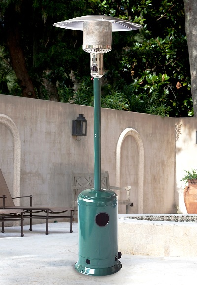 A GAS PATIO HEATER  FOR DOMESTIC USE OUTDOORS IN THE GARDEN.  THE HEATER IS MADE OF STEEL AND HAS A GREEN POWDER COATED FINISH. THE HEATER USES BUTANE OR PROPANE FUEL AND HAS A PIEZO IGNITION.  MAX OUTPUT 8.5KW.  DIMENSIONS: 2.2 M H X 80 CM DIA.  THE HEATER IS PACKED IN A BROWN CARTON WITH FULL COLOUR LABEL.