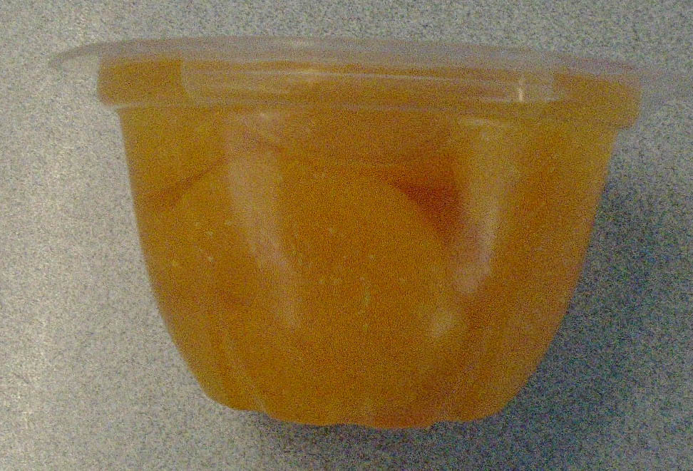 MANDARIN ORANGE SEGMENTS IN APPLE JUICE.
PACKAGED IN 113 G PLASTIC POT. CONTAINS  MORE THAN 9% SUGAR