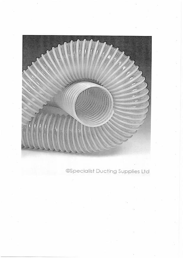 A MEDIUM WEIGHT FLEXIBLE POLYURETHANE DUCTING WITH A PVC HELIX. A SEMIRIGID HIGH IMPACT POLY(VINYLCHLORIDE) (PVC) HELIX ENCAPSULATED IN  CLEAR POLYETHER POLYURETHANE. THE HELIX ACTS AS A REINFORCEMENT TO THE POLYURETHANE DUCTING.  COLOUR CLEAR WITHA GREY HELIX. 20 METRE LENGTHS UP TO 150MM DIAMETER