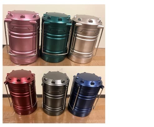 SET OF THREE POP UP LED LANTERNS (DIFFERENT COLOURS). 
THE LANTERNS TURN ON IMMEDIATELY WHEN PULLED UP AND TURNS OFF WHEN PUSHED DOWN. THE LANTERN HAS A MAGNETIC BASE WHICH REQUIRES 3 AA BATTERIES.  
EACH LANTERN WHEN CLOSED HAS A HEIGHT OF APPROXIMATELY 5 INCHES, WHEN OPEN THE HEIGHT IS APPROXIMATELY 7 AND A QUARTER INCHES. THE DIAMETER IS 3 AND A QUARTER INCHES.
FOR INDOOR USE ONLY
HELD UP FOR RETAIL SALE AND BOXED INDIVIDUALLY, BUT ALL SOLD IN A LARGER BOX