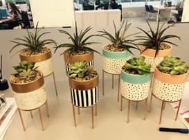 2 FAUX SUCCULENT PLANTS IN A PAINTED CERAMIC POT, HELD ON A METAL STAND.
ONE LARGE SIZED (49 X 18 CM) AND ONE SMALL SIZED POT (35 X 14 CM) 
LARGE POT HOLDS A DARK AND RED LEAFED ALOE PLANT, FAUX SUCCULENT SURROUNDED BY NATURAL STONES. SMALL POT HOLDS A SEMPERVIVUM AND KALANCHOE STYLE FAUX SUCCULENT, SURROUNDED BY NATURAL STONES. 
METAL STAND IS PAINTED GOLD. CERAMIC POTS COME IN A CHOICE OF FOUR DIFFERENT PAINTED COLOURS.