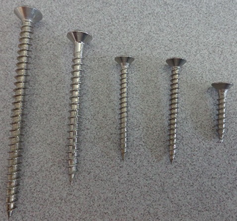 FLAT HEAD, CROSS RECESS, COARSE THREAD, SHARP POINT SCREW.
MANUFACTURED FROM AUSTENITIC STAINLESS STEEL. 
FOR USE IN THE MECHANICAL JOINTING OF PARTICLE BOARD, TIMBER STRUCTURES, COMPOSITE MATERIALS AND UPVC.
SAMPLE SEEN.