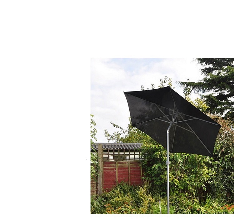 A BLACK POLYESTER CANOPY ON AN ALUMINIUM POLE AND FRAME. THE POLE HAS A TILTING FUNCTION NEAR THE TOP, AND HAS A LENGTH OF 2.25 METRES, AND A DIAMETER OF 3 CMS. IT FITS INTO A GARDEN TABLE WITH A HOLE IN THE CENTRE. PACKED IN A CARTON FOR RETAIL SALE