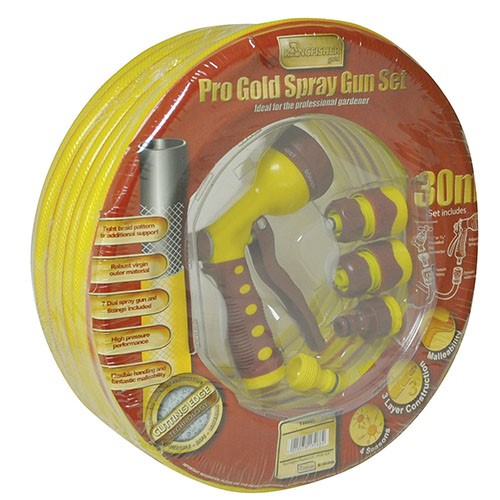 A 30M  HALF INCH DIAMETER BRAIDED REINFORCED 3 LAYER HOSE. THE PRODUCT IS SUPPLIED WITH A PLASTIC SPRAY GUN SET AND FITTINGS USED FOR DISPERSING AND SPRAYING LIQUIDS FOR AGRICULTURAL AND HORTICULTURAL PURPOSES. INCLUDES 30M QUALITY REINFORCED HOSE 7 DIAL DELUXE SPRAY GUN WHICH ALTERS THE RATE AND DELIVERY SPEED OF THE WATER AND ALTERS THE TYPE OF WATER JET THROUGH 7 SETTINGS FROM JET TO MIST. SHRINK WRAPPED WITH A FULL COLOUR LABEL.