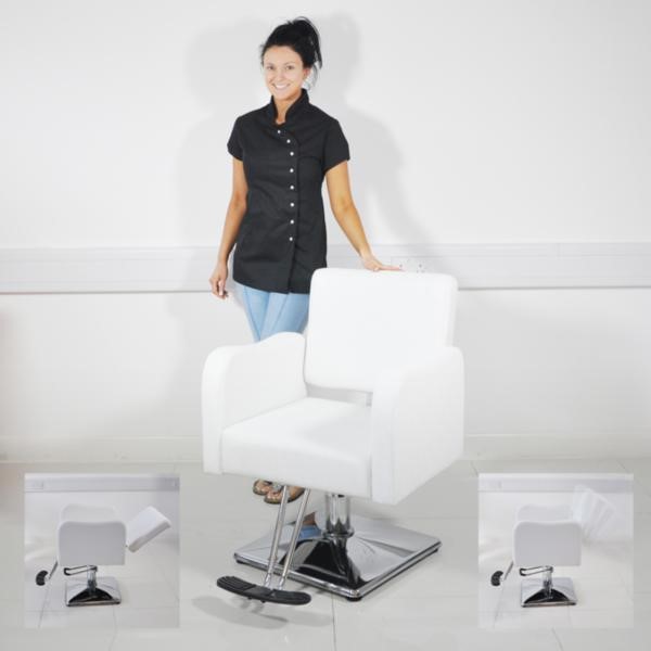 CLASSIC BARBERS STYLING CHAIR.  PATTERNED PVC FINISH AND CHROME EFFECT MANUALLY ADJUSTABLE SEAT HEIGHT (46-56CM). WITH SWIVEL CAPABILITY. DIMENSIONS: H97CM X W82CM X D66CM. PUT UP FOR RETAIL SALE