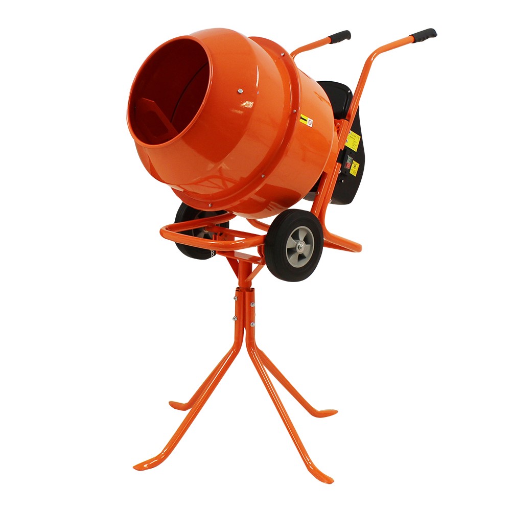 A CONCRETE CEMENT MIXER MADE OF STEEL WITH WHEELS AND OPERATING STAND, SPRAY PAINTED ORANGE. DRUM CAPACITY (CUBIC FEET): 5(140L), MOTOR (HP): 0.5, BATCH OUTPUT (IBS): 275, BATCH CAPACITY BAGS: 1. DRUM DIAMETER (IN): 24. DISCHARGE OUTLET HEIGHT (IN): 8. WHEEL SIZE (IN): 10 X 2.75. ACCEPTABLE VOLTAGE: 220-240V / 50HZ. WHEEL BARROW TYPE MULTIMIXER. BOXED WITH EASY ASSEMBLY AND READY TO GO IN 15 MINUTES AND CAN BE DISASSEMBLED IN 1 MINUTE FOR TRANSPORT