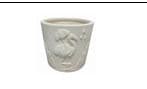 A GLAZED TERRACOTTA OUTDOOR PLANT POT. WHITE IN COLOUR WITH A DESIGN IN RELIEF ON THE SIDE. IT DOES NOT HAVE A HOLE IN THE BOTTOM AND IS INTENDED TO BE PAINTED BY A CHILD FOR DECORATIVE PURPOSES.