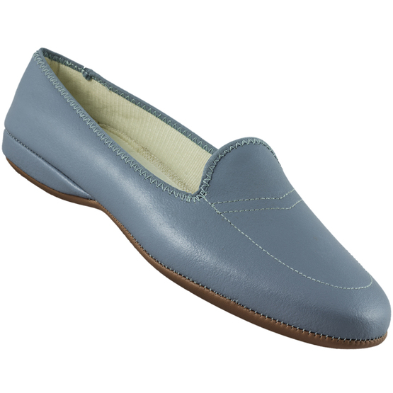 WOMENS SLIP ON STYLE SLIPPER. NOT COVERING THE ANKLE. UPPERS OF LEATHER. OUTER SOLE OF PLASTIC.WITH AN INSOLE LENGTH MEASURING LESS THAN 24 CMS IN LENGTH. WITH A SMALL HEEL. BLUE IN COLOUR WITH WHITE STITCH DETAIL.