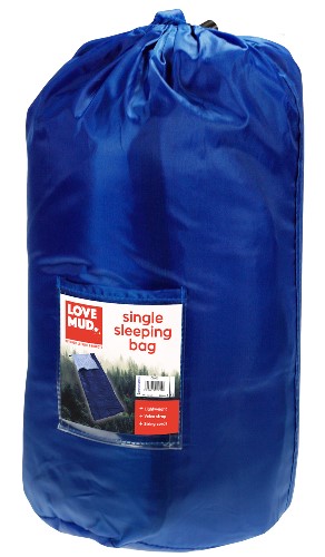 AN ADULT SIZE SINGLE SLEEPING BAG. HAS A ZIP THAT RUNS THE FULL LENGTH OF ONE SIDE OF THE SLEEPING BAG AND ALONG THE BOTTOM. DIMENSIONS,LENGTH 185CM BY WIDTH OF 70CM. COMES PACKAGED FOR RETAIL SALE IN A TEXTILE BAG WITH ESLASTICATED STRAPS FOR EASY STORAGE , WITH FULL COLOUR INSERT LABEL.
