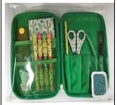 A PENCIL CASE CONTAINING VARIOUS STATIONERY ITEMS, THESE BEING A PENCIL, A PENCIL TOPPER (ERASER), A FOLDING RULER, A BLACK GEL PEN, SCISSORS, SMALL HIGHLIGHTER PENS, AND A MINI NOTEBOOK.