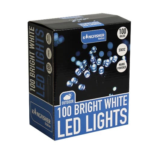 100 BRIGHT WHITE STATIC LED CHRISTMAS LIGHTS. FOR INDOOR OR OUTDOOR USE. OVERALL LENGTH 11M INCLUDING 5M LEAD WIRE. INCLUDES A LOW VOLTAGE ADAPTOR. COMES PACKAGED FOR RETAIL SALE IN A FULL COLOUR DISPLAY CARTON.