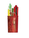 A PLASTIC POT CONTAINING VARIOUS STATIONERY ITEMS, THESE BEING A PENCIL WITH A RUBBER TOPPER, A FOLDING RULER, AN ERASER, A BLACK GEL PEN, SCISSORS, A HIGHLIGHTER, AND A STICKER SHEET