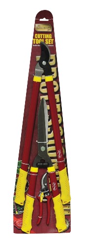 A THREE PIECE GARDEN CUTTING SET INCLUDING BYPASS LOPPERS, SHEARS & SECATEURS. ALL THREE ITEMS COME WITH HIGH QUALITY NON-STICK PRECISION STEEL BLADES. IN ADDITION, THE LOPPER AND SHEARS HAVE ERGONOMIC SLIP-RESISTANT AND SOFT GRIP HANDLES. PACKAGED FOR RETAIL SALE AS A SET ON A FULL COLOUR CARDBOAD SLEEVE.