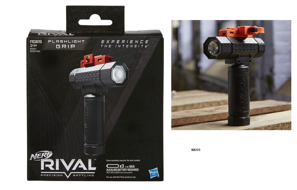A GRIP FLASHLIGHT ACCESSORY FOR A NERF BLASTER (A TOY WEAPON THAT FIRES DARTS). THE FLASHLIGH PART SITS HORIZONTALLY ON A VERTICAL STAND OF SIMILAR LENGTH. IT IS ATTACHED TO A BLASTER AND IS INTENDED TO ILLUMINATE BATTLE ACTION.