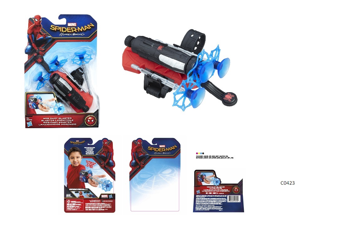 A TOY WEAPON WORN ON THE WRIST.  IT HAS THREE BLUE CIRCULAR PROJECTILES THAT ROTATE THROUGH THE AIR. THE PROJECTILES ARE FIRED USING THE MIDDLE TWO FINGERS AND HAVE SUCKERS THAT MAKE THEM STICK TO SURFACES. PUT UP FOR RETAIL SALE.