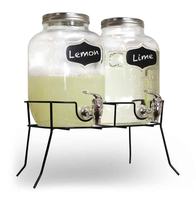 2 X 4 LITRE GLASS DRINKS DISPENSERS WITH PLASTIC TAPS AND METAL SCREW TOP LIDS. SUPPLIED WITH A SPECIALLY SHAPED METAL STAND DESIGNED TO HOLD BOTH BOTTLES TO ALLOW THE DRINKS TO BE DISPENSED EASILY. PACKAGED FOR RETAIL SALE IN A BROWN CARTON WITH A COLOUR SWING TAG.
