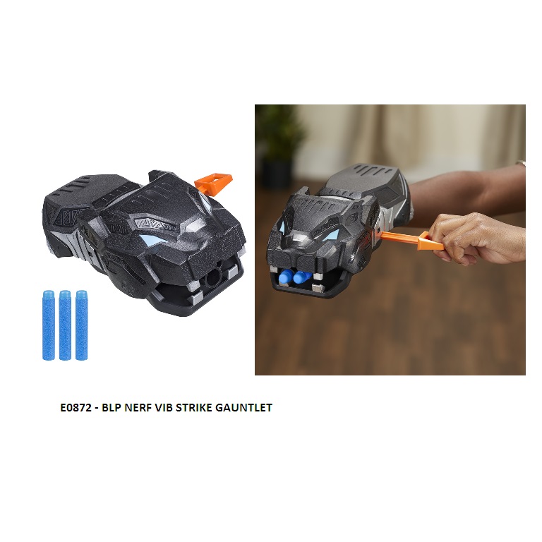 A TOY WEAPON KNOWN AS A STRIKE GAUNTLET, THE FRONT OF WHICH RESEMBLES A PANTHER'S HEAD. A HAND IS INSERTED AT THE BACK, AND THERE IS AN ORANGE FIRING MECHANISM AT THE SIDE TO FIRE BLUE DARTS, THESE BEING LOADED AT THE FRONT.