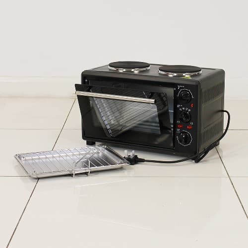 23L MINI STAINLESS-STEEL COUNTERTOP OVEN. ON THE TOP OF THE OVEN THERE ARE TWO INDEPENDENTLY POWERED HOTPLATES, YOU CAN USE JUST ONE OR BOTH AT THE SAME TIME FOR BROWNING, FRYING OR BOILING. VARIABLE TEMPERATURE SETTINGS BETWEEN 100°C - 230 °C, WITH BUILT-IN THERMOSTAT. ALSO INCLUDED IS A STAINLESS-STEEL BAKING TRAY AND WIRE RACK AND A REMOVABLE HANDLE TO PICK THE TRAY UP.