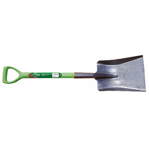 CARBON STEEL SHOVEL WITH D SHAPED SOFT GRIP HANDLE. COMPLETE WITH FULL COLOUR LABEL.