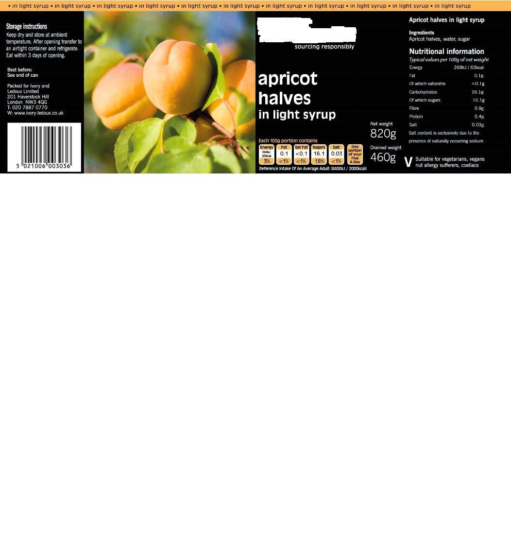 TINS OF APRICOT HALVES IN LIGHT SYRUP WITH SUGAR. NET WEIGHT IS 820 GRAMMES, AND THE DRAINED WEIGHT IS 460 GRAMMES. SUCROSE CONTENT IS 12.4%.