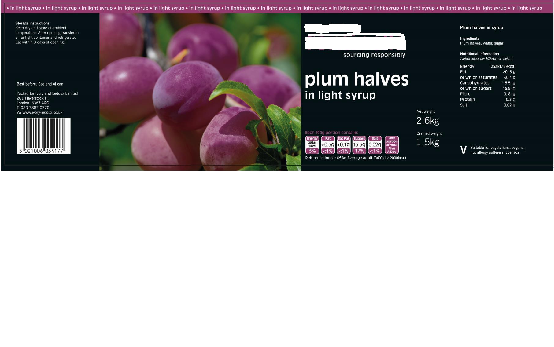 CANNED PLUM HALVES IN LIGHT SYRUP WITH SUGAR. NET WEIGHT IS 2.6 KGS, AND THE DRAINED WEIGHT IS 1.5 KGS. SUCROSE CONTENT IS 10.2%.