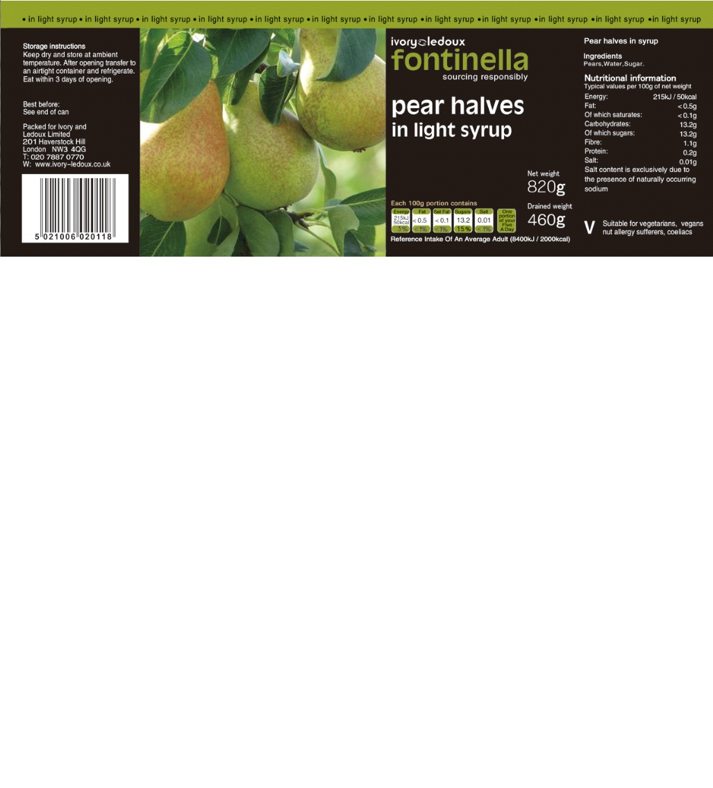 CANNED PEAR HALVES IN LIGHT SYRUP WITH SUGAR.  NET WEIGHT IS 820 GRAMMES, AND THE DRAINED WEIGHT IS 460 GRAMMES. SUCROSE CONTENT IS 12.3%.
