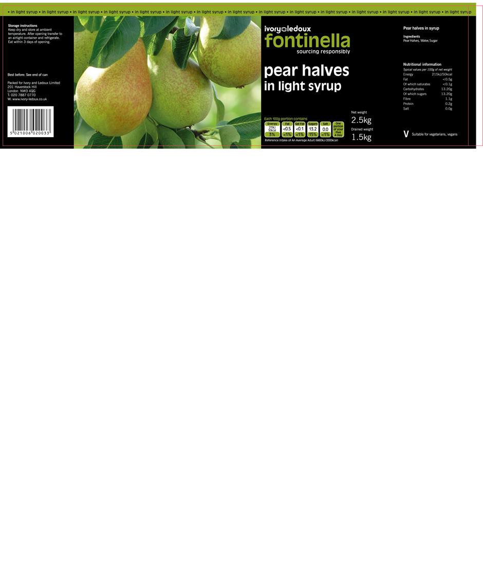 CANNED PEAR HALVES IN LIGHT SYRUP WITH SUGAR.  NET WEIGHT IS 2.5 KGS, AND THE DRAINED WEIGHT IS 1.5 KGS. SUCROSE CONTENT IS 12.8%.