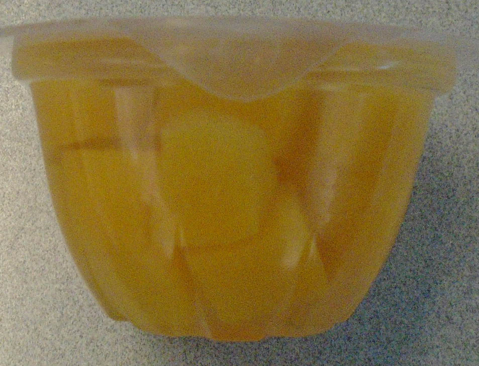PEACH PIECES IN JUICE. PACKAGED IN 113G POT. THE  OVERALL SUGAR CONTENT IN JUICE EXCEEDS 9%.