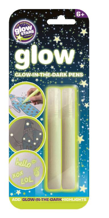 A PACK OF TWO GLOW PENS. THE PENS ARE INTENDED TO ADD HIGHLIGHTS TO ART AND CRAFT PROJECTS, WHICH GLOW IN THE DARK.   PENS CONTAIN 10ML OF GLOW HIGHLIGHTER LIQUID. PACKAGED ON A CARD AND PUT UP FOR RETAIL SALE.