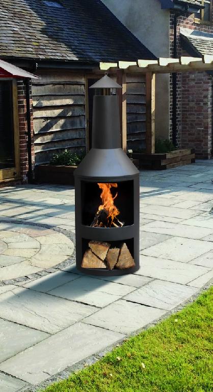 BLACK STEEL POWDER COATED LOG BURNER WITH BUILT IN LOG STORE. BOXED FOR RETAIL SALE WITH A FULL COLOUR LABEL.