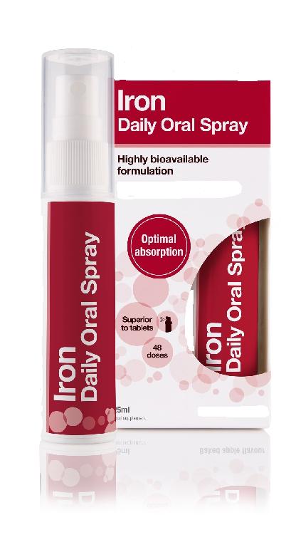 IRON ORAL SPRAY. A MINERAL SUPPLEMENT IN THE FORM OF AN ORAL SPRAY, SPRAYED DIRECT INTO THE MOUTH. RECOMMENDED DOSE: USE 4 SPRAYS A DAY (PACK CONTAINS 48 DAYS DOSAGE). PACKAGED IN A WHITE PLASTIC 25 ML SIZED BOTTLE WITH SPRAY PUMP, PLACED INSIDE A CARDBOARD BOX.
